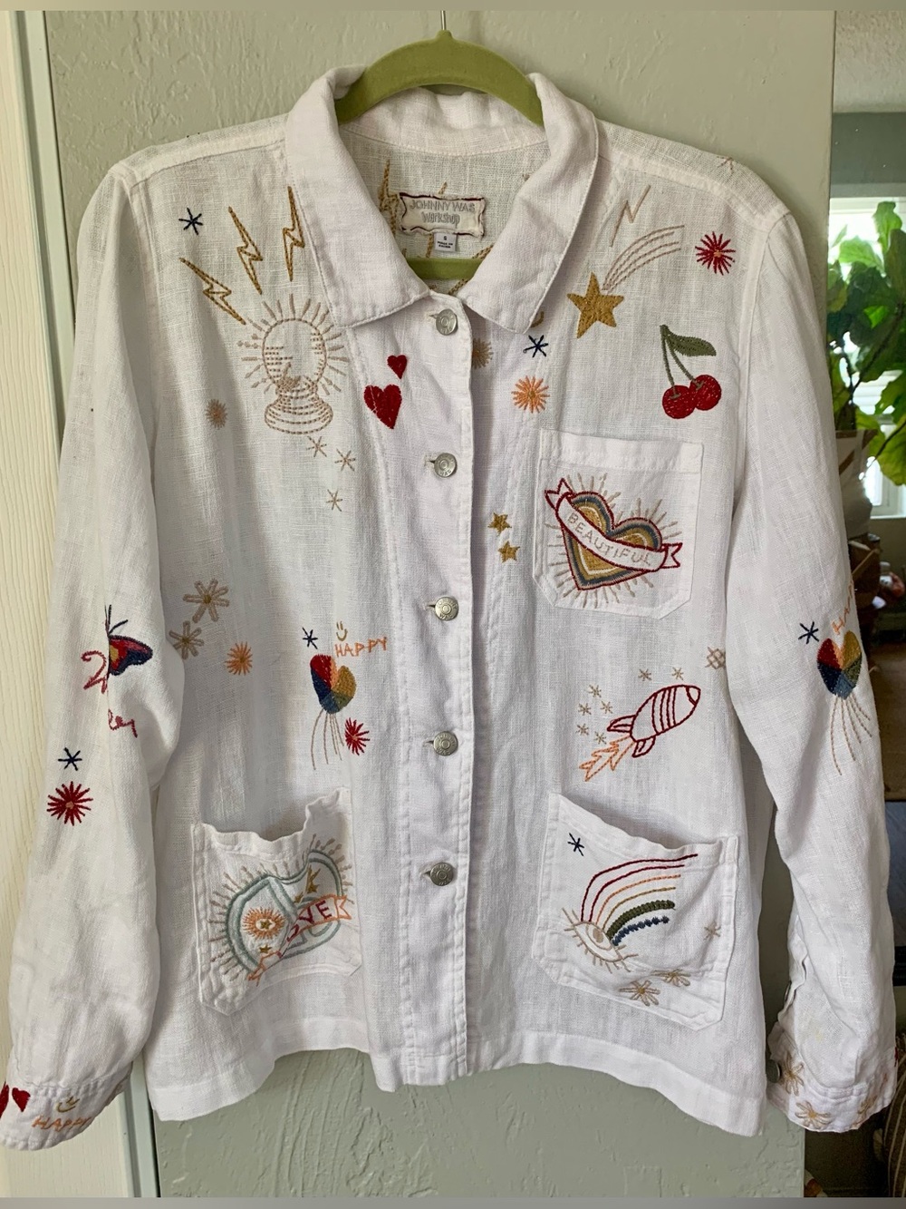 Johnny Was White Embroidered Linen Jean Jacket with Multicolor Motifs - Picture 2 of 10